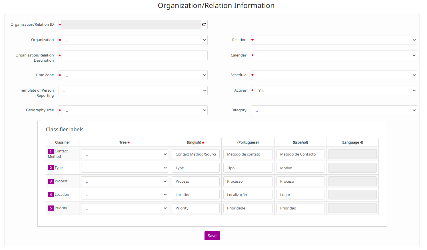 Formulário de Organization/Relation — campos principais